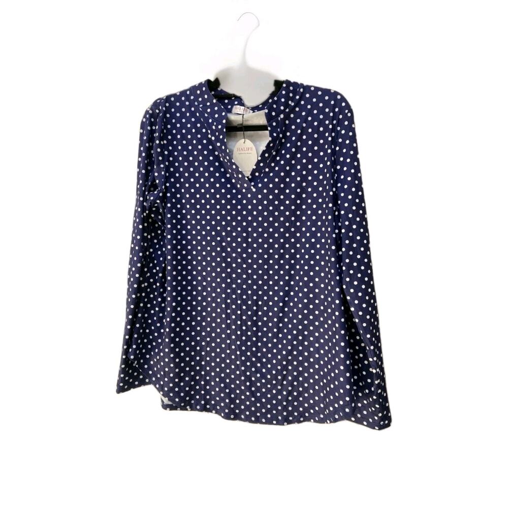 Halife Long Sleeve Navy Blue White Polka Dots Tops-XL